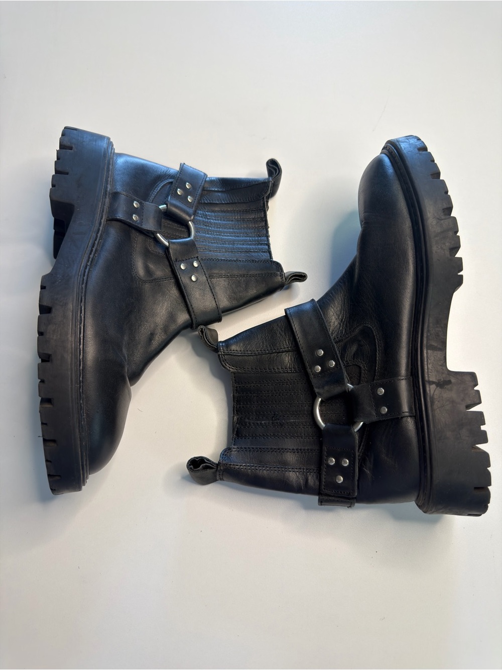 Zara Black Leather Combat Boots with Harness Detail